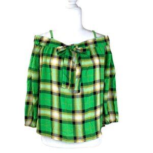 Iky & Me Top Long Sleeve Women's Plaid Blouses Green Size M